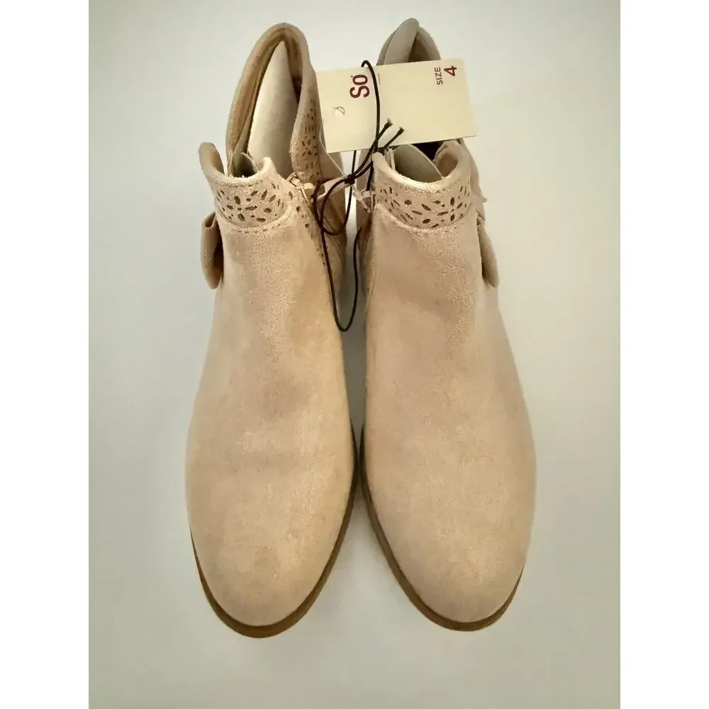 SO Alexa Taupe Tan Sparkle Cut Out Bow Faux Suede Girls Ankle Boots Shoes Size 3